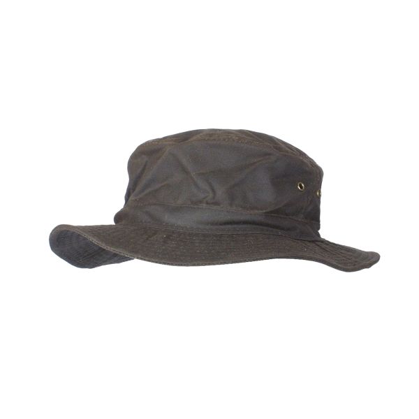 Vorderansicht des Outdoor Huts „Tourist“ von Relags, weitestgehend wasserfester Oilskin-Hut mit ca. 50 mm breiter Krempe ohne Kinnriemen auf weißem neutralem Hintergrund, deutlich erkennbare Form und Materialstruktur für eine sichere Produktidentifikation